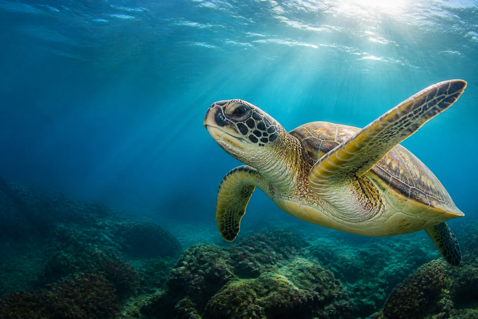Tartaruga marinha nadando em recife